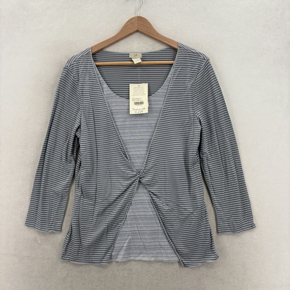 J Jill Blouse Womens Medium Blue Striped Scoop Neck 3/4 Sleeve Twist Front NWT